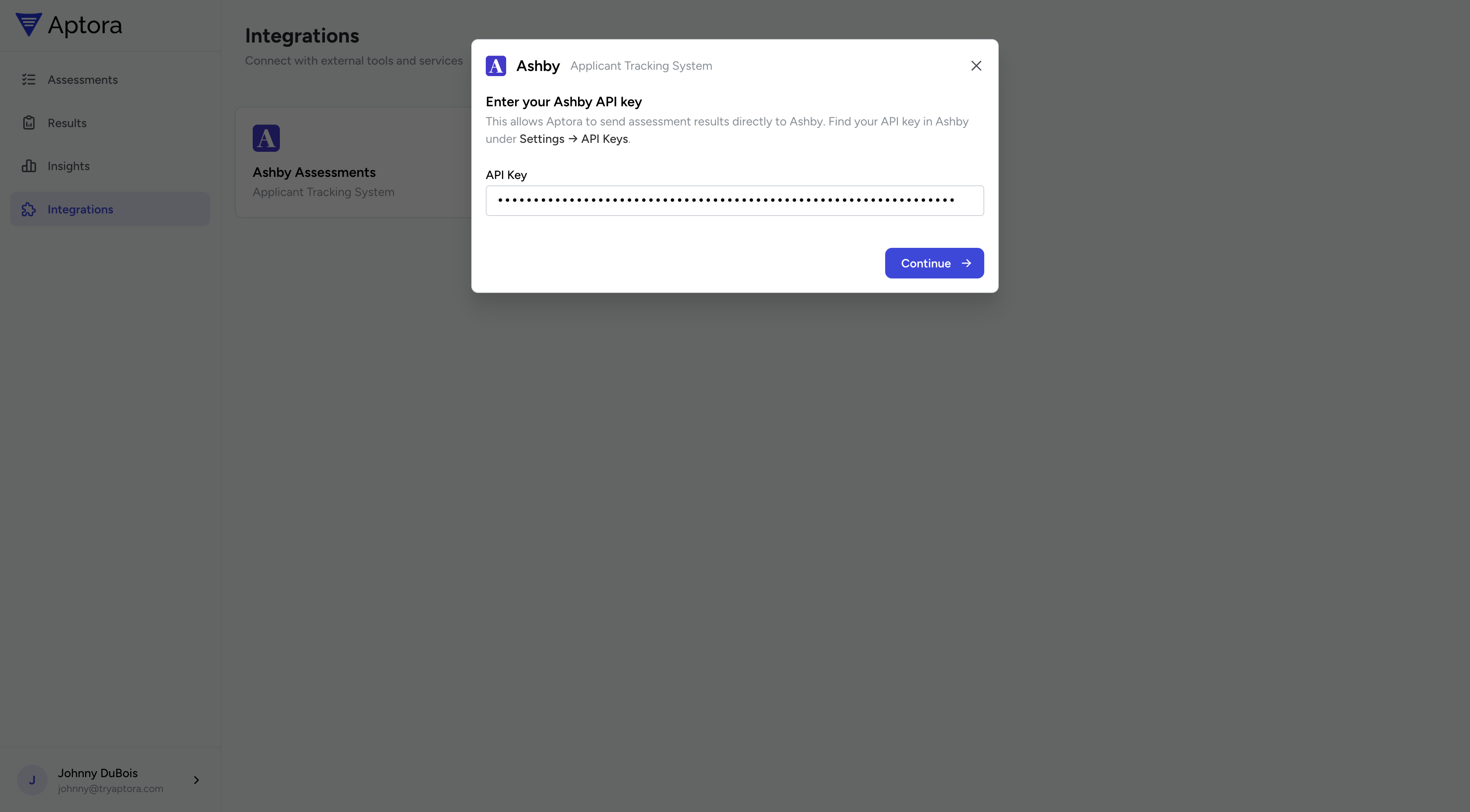 Enter your Ashby API key in Aptora
